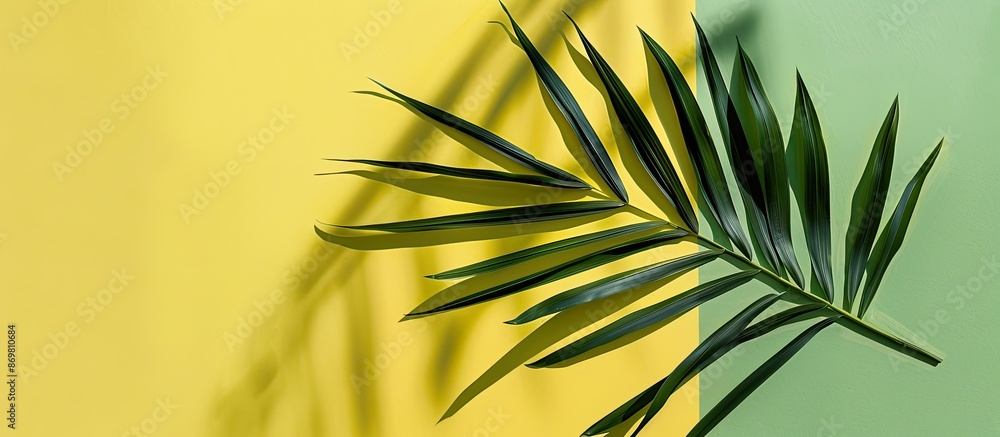 Poster summer-themed palm leaf on a yellow and green background, creating a shadow, suitable for a copy spa