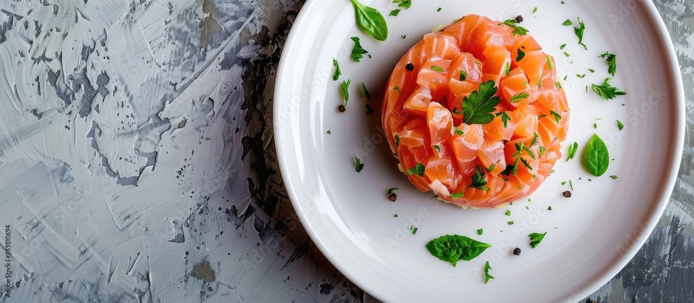 Sticker tasty salmon tartare presented on a white plate with ample copy space image.