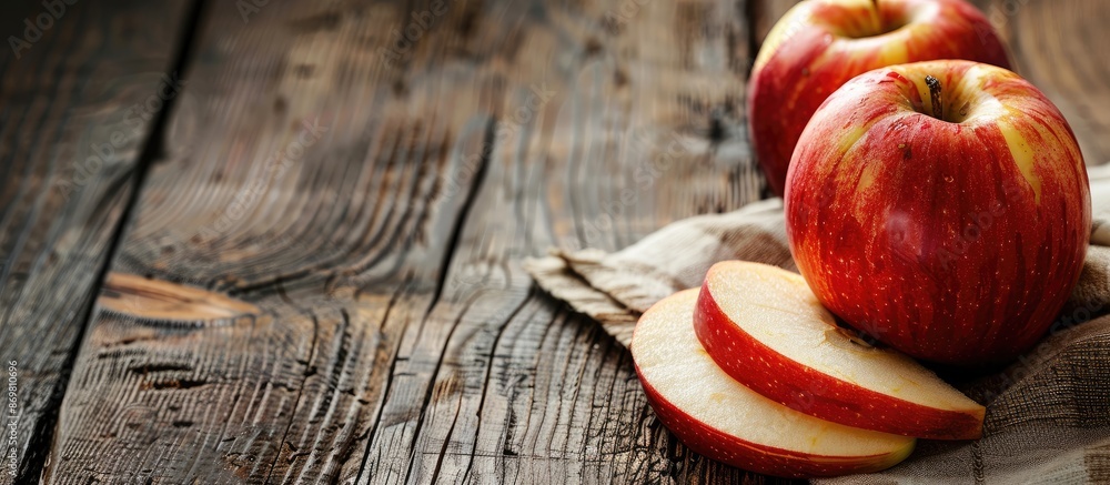 Poster a scrumptious apple sliced for baking displayed on a wooden table with a copy space image.