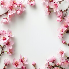 A minimalist floral arrangement with pink blossoms framing a white background