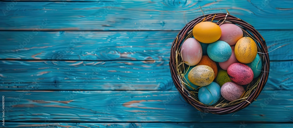 Poster colorful easter eggs arranged in a basket on a blue wooden backdrop with selective focus, creating a