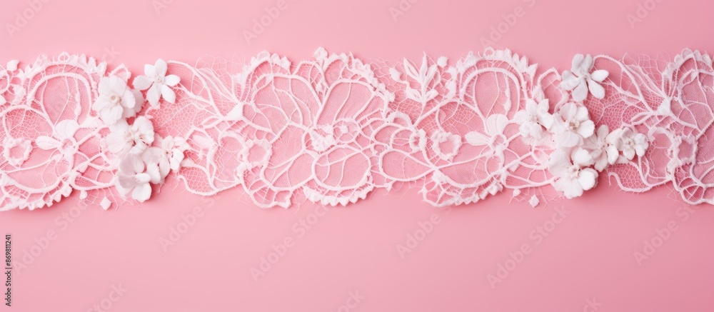 Poster top view of white lace on a pink background with copy space image for text.