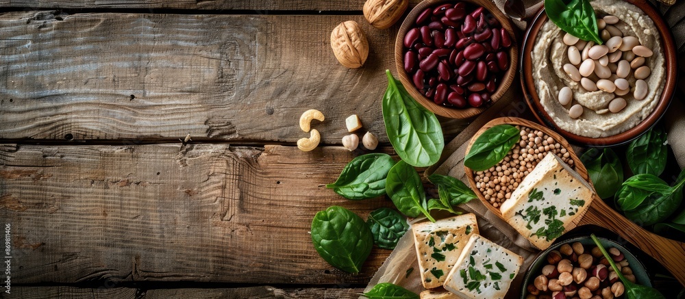 Poster varieties of plant-based protein sources like tofu, beans, nuts, and spinach are commonly found in v