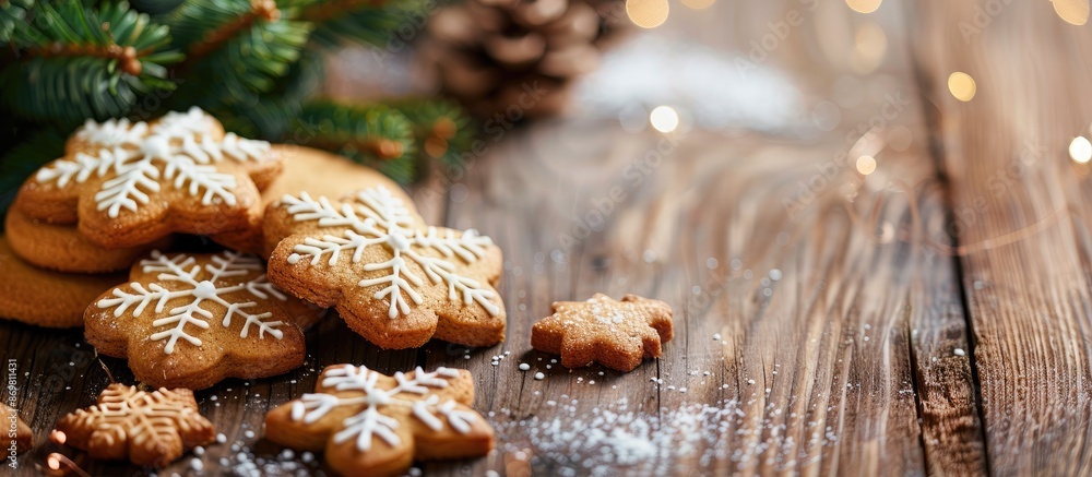 Poster composition of christmas cookies on a wooden table with text space image.