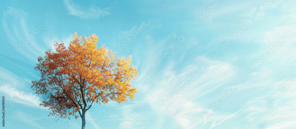 Poster copy space image of a tree in autumn against a blue sky.