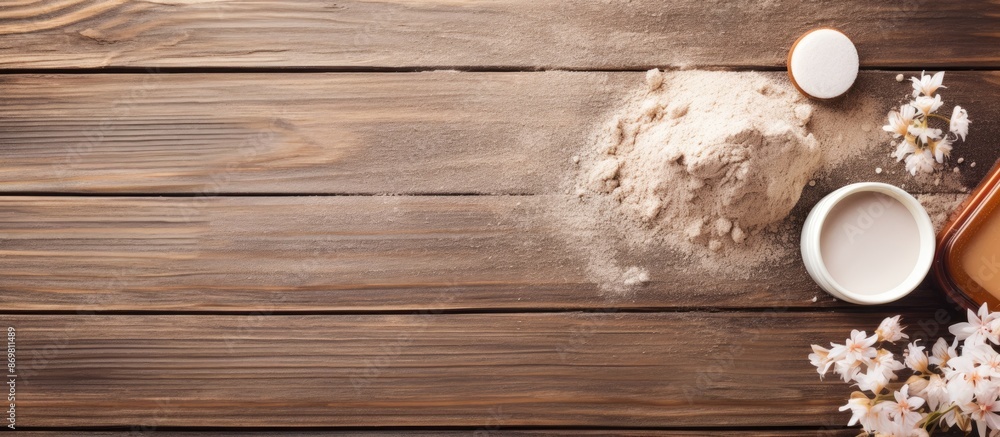 Poster top view of spa products and cosmetic clay on a wooden background with copy space image.