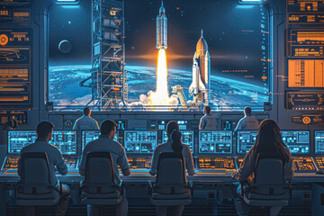 Triumphant Space Rocket Launch Mission Control Team Cheers as Crewed Mission Soars to Success