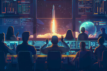 Triumphant Space Rocket Launch Mission Control Team Cheers as Crewed Mission Soars Flight Control Staff Monitor Launch on Computer Screens