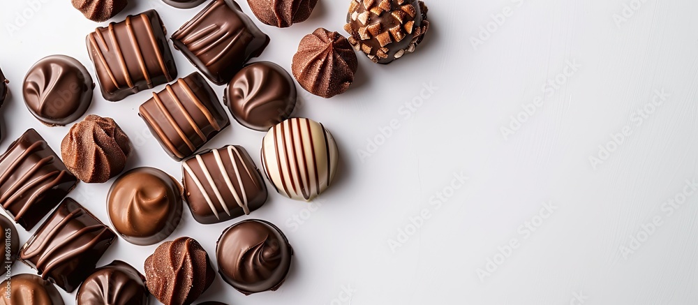 Poster delicious chocolate candy on a white backdrop with ample copy space image.