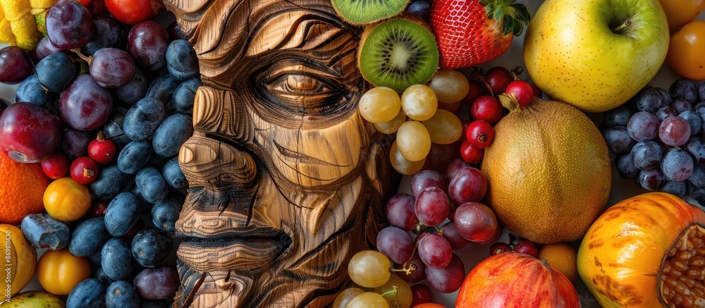 Poster an artistic display of a wooden sculpture shaped like a face with a vibrant selection of colorful fr