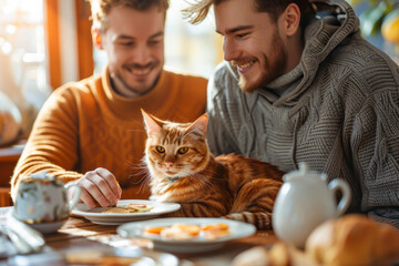 Blissful Gay Couple Enjoying Breakfast and Playtime with Beautiful Cat on Sunny Morning at Home