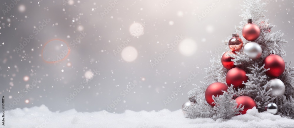 Poster festive christmas tree adorned with silver and red ornaments, surrounded by a snowy effect with a so