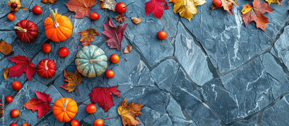 Poster creative autumn-themed decoration using fall leaves and pumpkins on a stone surface in a flat lay, t