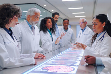 Fototapeta premium Exploring Hand Gestures of Diverse Medical Team Analyzing Brain MRI Scans for Alzheimer's Cure at Hospital Research Center