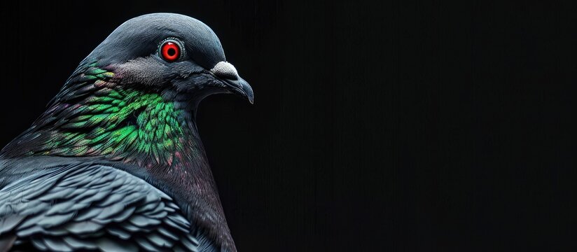 A pigeon with a red eye and vibrant green feathers on its neck, shown in a side view with copy space image.