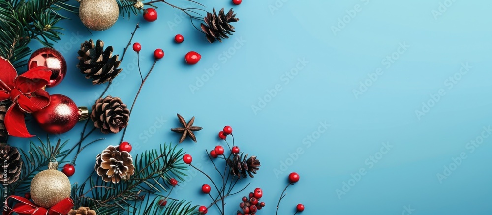 Poster blue christmas background adorned with decorations in a flat lay style, providing ample copy space i