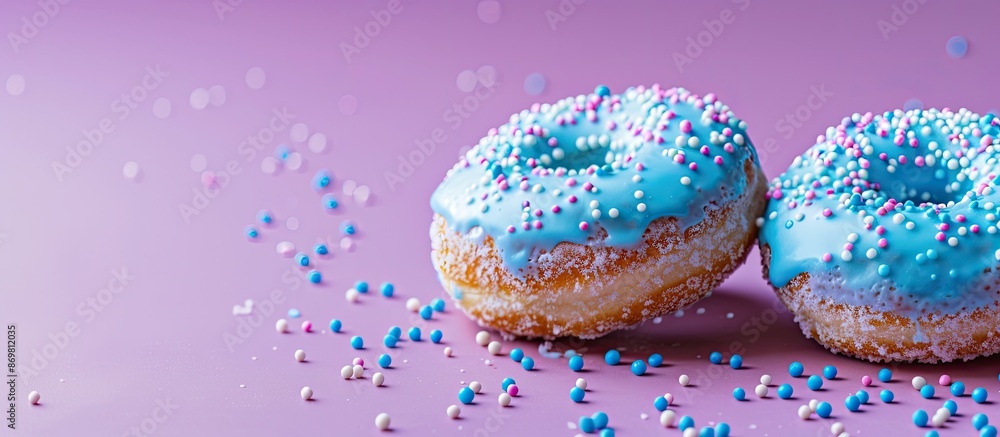 Poster close-up view of two appetizing donuts adorned with blue and white icing and sprinkles, isolated on 