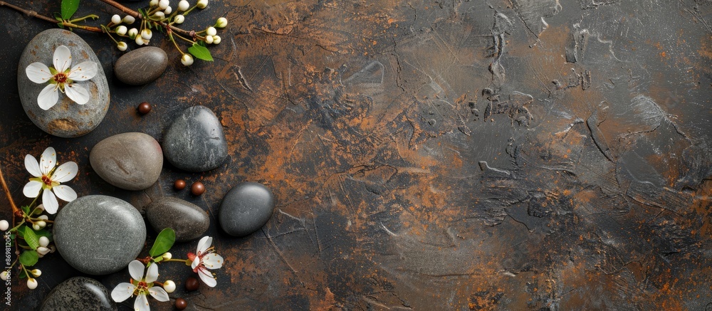 Poster An image representing a spa salon with symbolic objects for stone therapy procedures. It depicts a balance of rocks and flowers in a close-up top-view shot with a background and space for text.