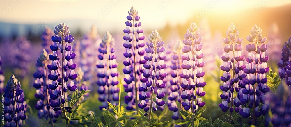 Poster background with copy space image of wild lupine flowers in a meadow during springtime.