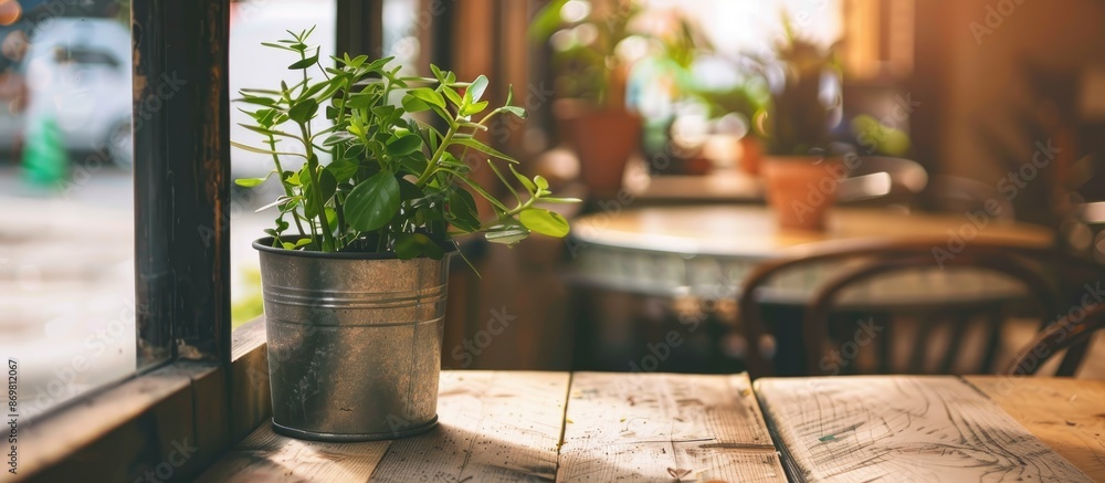 Aufkleber a petite plant pot sits near the window in a cozy cafe, with empty space for display--a copy space i