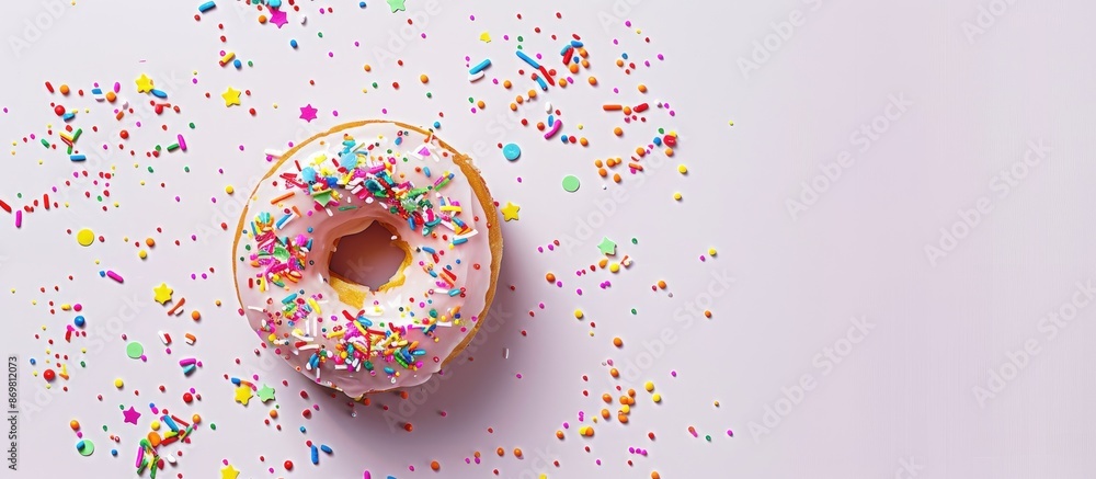 Aufkleber A bird's eye view of a donut topped with vibrant sprinkles displayed on a blank white backdrop, perfect for adding text in the copy space image.