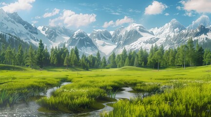 Beautiful green meadow with a stream and forest in the background with snow-capped mountains. High resolution photo with high detail in the style of a hyper-realistic painting. 