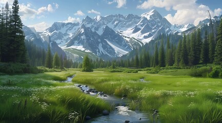 Beautiful green meadow with a stream and forest in the background with snow-capped mountains. High resolution photo with high detail in the style of a hyper-realistic painting.
