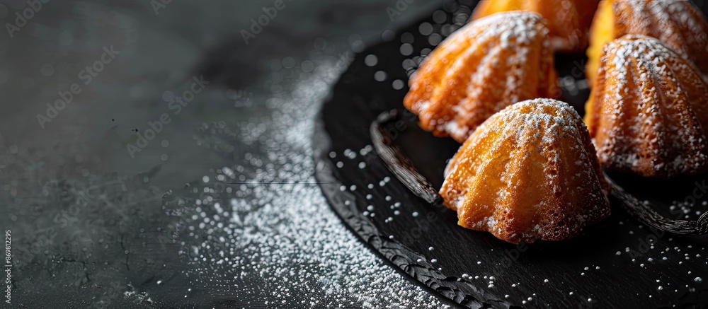 Poster mini madeleine cakes with vanilla bean and icing sugar on a black slate plate with copy space image.