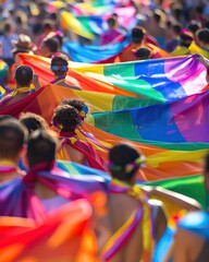 Vivid crowd holding large rainbow flag at outdoor pride festival, celebrating diversity and inclusivity on a sunny day.