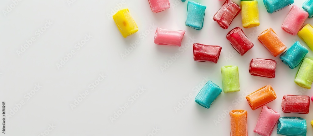 Poster top view of sweet chewing gums on a white background with copy space image.