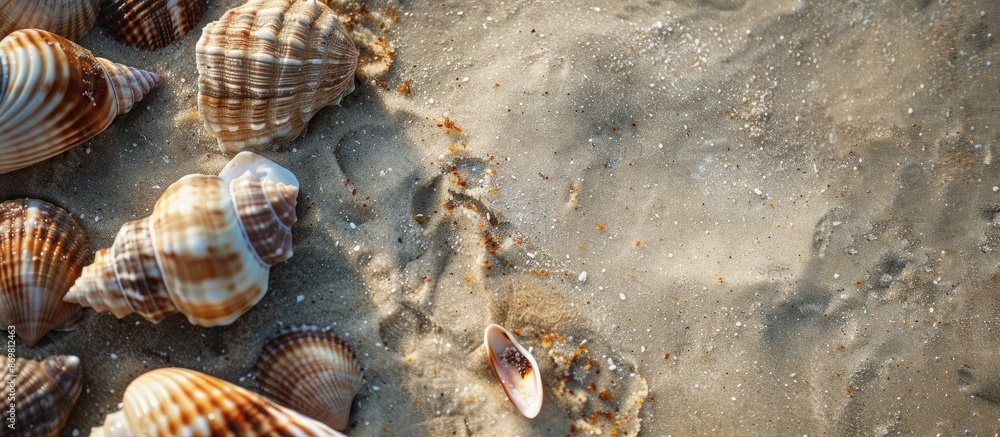 Poster Beach scene with seashells on sand and object hidden beneath, copy space image.