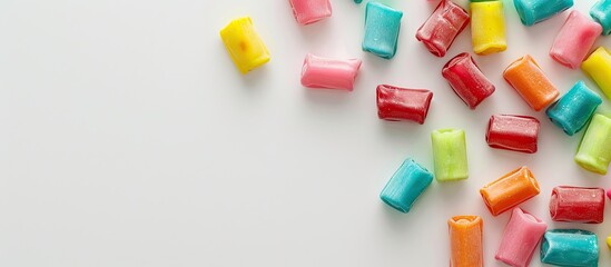 Top view of sweet chewing gums on a white background with copy space image.