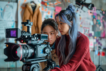 Collaborating Creatively Asian Woman in Red Sweater and Caucasian Woman with Blue Hair Focus on Film Production and Advertising in Modern Studio