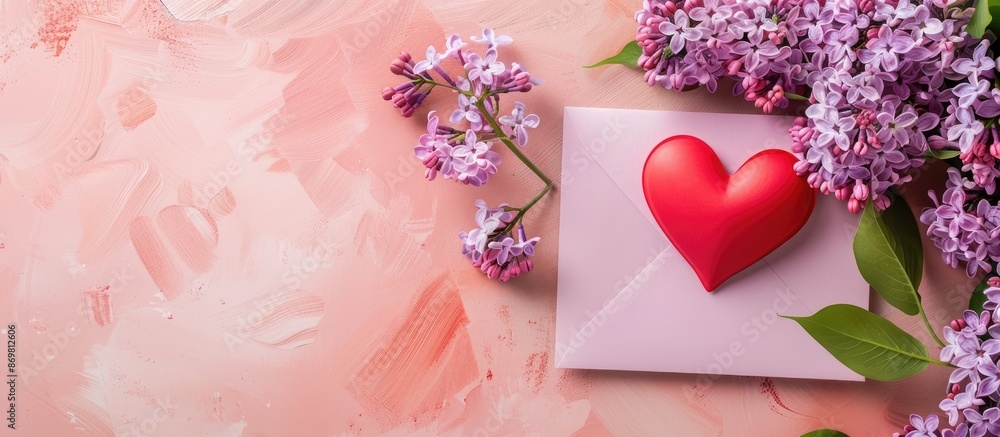 Aufkleber creative flat lay mockup with symbolic heart on a valentine's day card featuring a beautiful lilac b