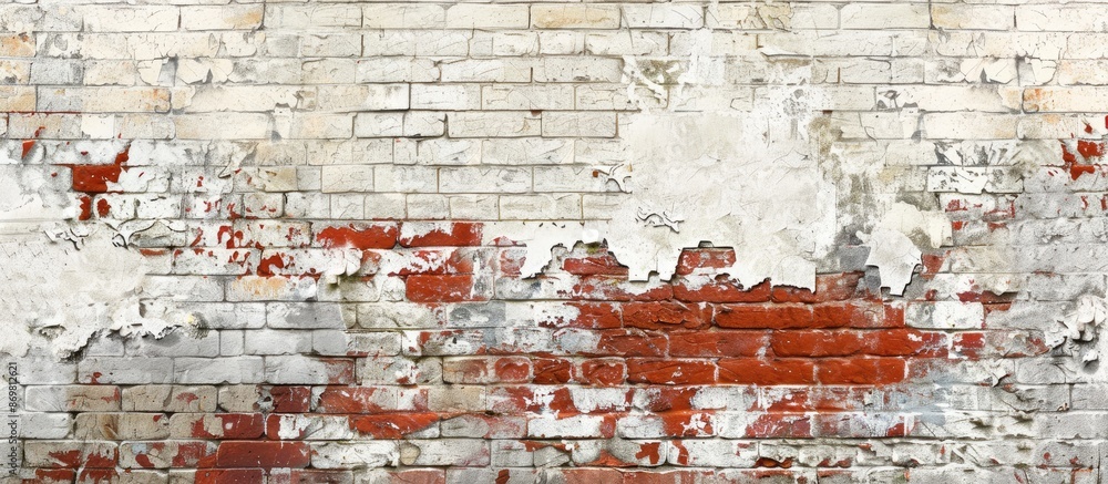 Poster background texture of an aged red and white brick wall with chipped plaster, providing a rustic appe