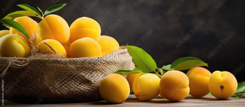 Poster Close-up photo of yellow plums arranged on a wicker basket with a wooden base and stone background in the foreground, providing a front view with available space for text or images.