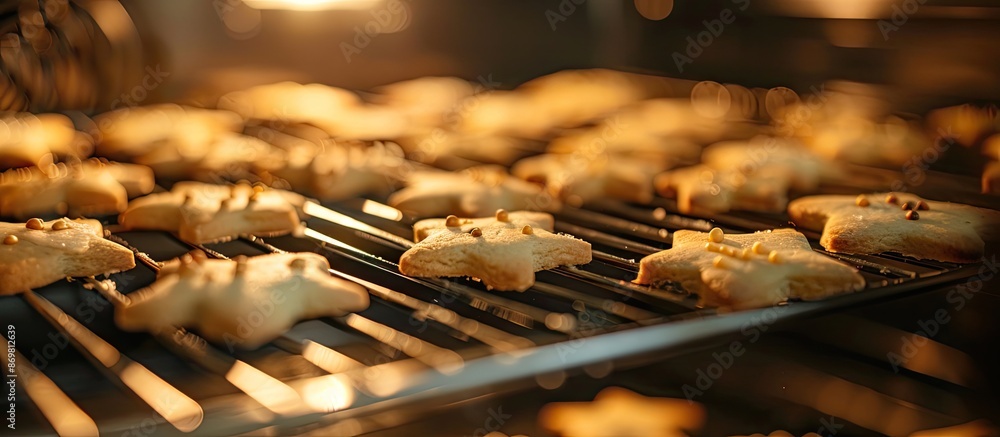 Poster sugar cookies in the oven being baked, displayed in a close-up shot with shallow depth of field, ide