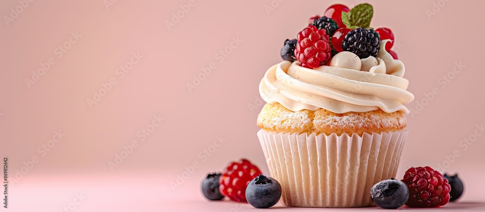 Poster decorated cupcake with berry garnish on top, perfect for an ad with copy space image.