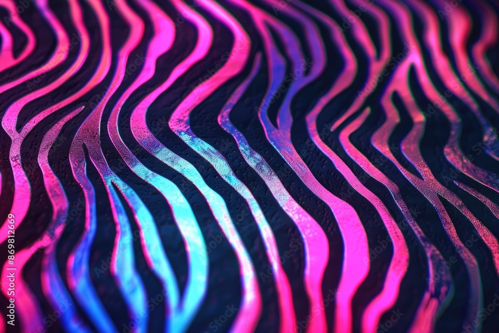 Poster neon psychedelic zebra waves on textured background. 1960s style.