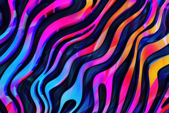 Neon psychedelic zebra waves on textured background. 1960s style.