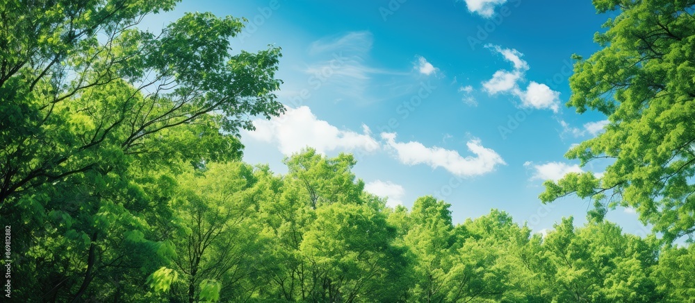 Aufkleber a verdant forest with lush green leaves against a backdrop of a clear blue sky, creating a vibrant s