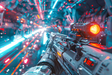 Fototapeta premium Virtual Warfare Immersive FPS Game Walkthrough on Spaceship Battleground Against Flying Robots in e-Sports Tournament Live Stream