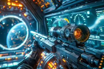 Fototapeta premium Virtual Warfare Immersive FPS Game Walkthrough on Spaceship Battle Against Robots Live Stream of e-Sports Tournament Event