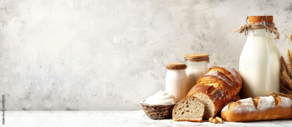 Poster dairy products and bread displayed on a light backdrop with copy space image.