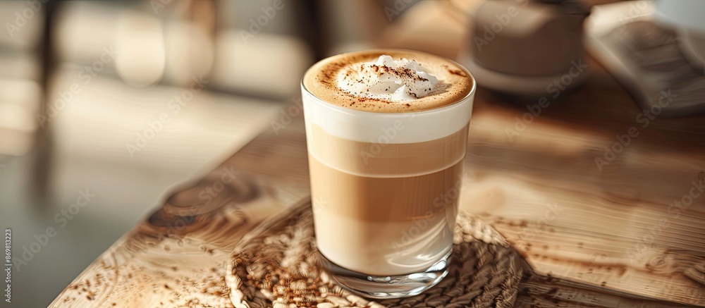 Poster A beautifully presented latte in a cafe with ample copy space on the table for customization of images.