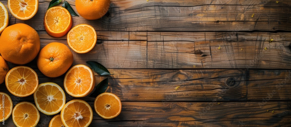 Poster Fresh whole and sliced oranges arranged on a wooden backdrop from a top perspective, with room for additional elements in the image.