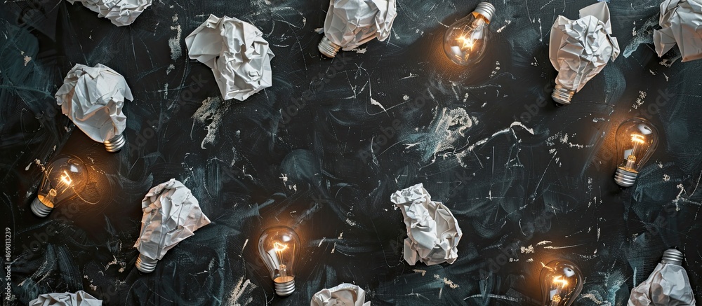 Poster top-down view of crumpled white paper and light bulbs arranged on a black stone board to convey a co