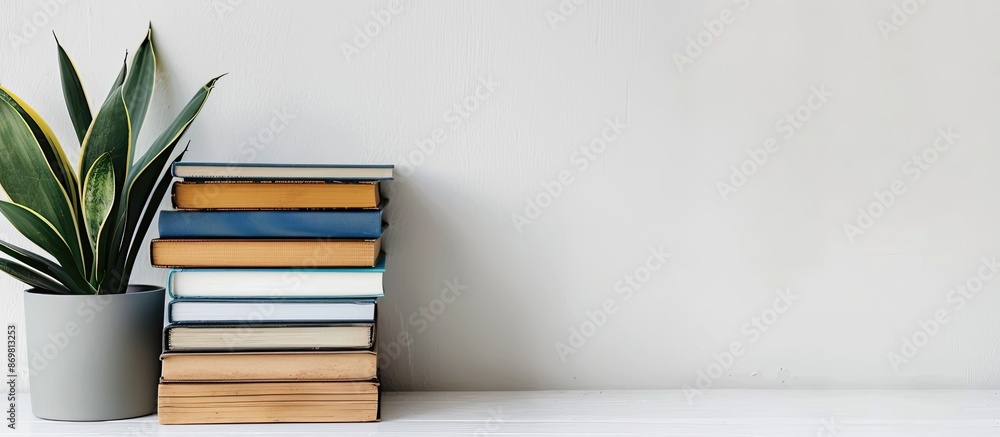 Poster books stacked neatly on a white table with ample copy space image.