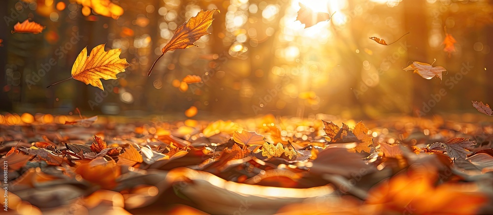 Poster bright sunshine illuminates fallen leaves in an autumn forest creating a picturesque scene with abun