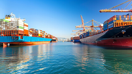 Fototapeta premium A bustling port with cargo ships lined up, loaded with goods ready for export, under a clear blue sky